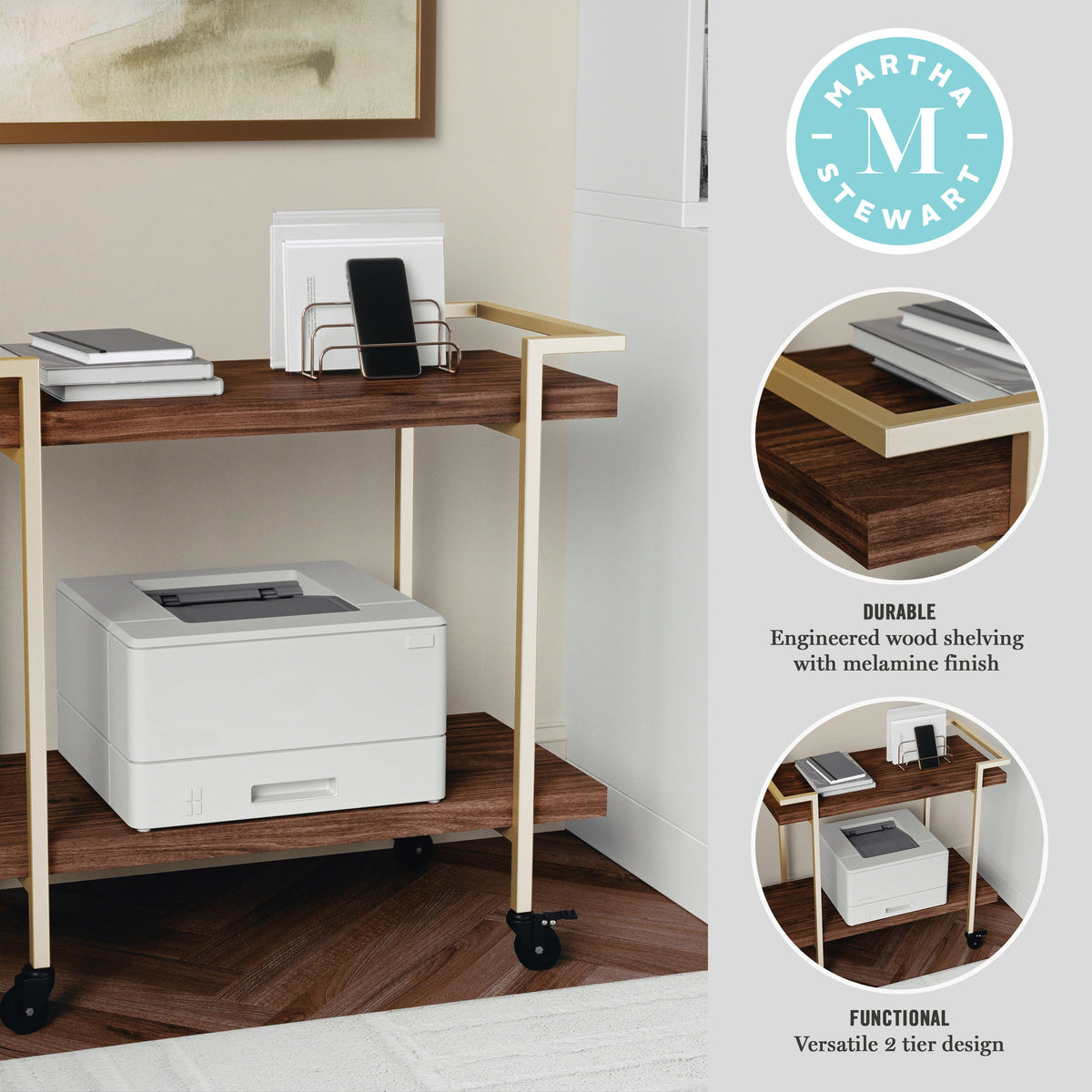 Walnut/Polished Brass Frame |#| Mobile 2 Tier Home Office Printer Cart with Side Storage-Walnut/Polished Brass