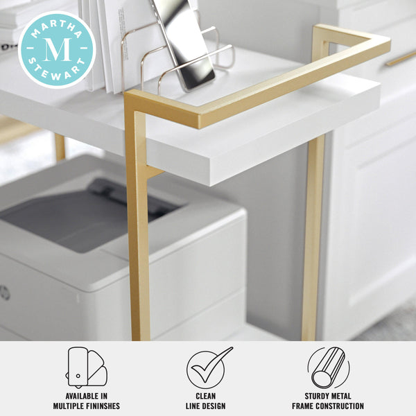 White/Polished Brass Frame |#| Mobile 2 Tier Home Office Printer Cart with Side Storage-White/Polished Brass