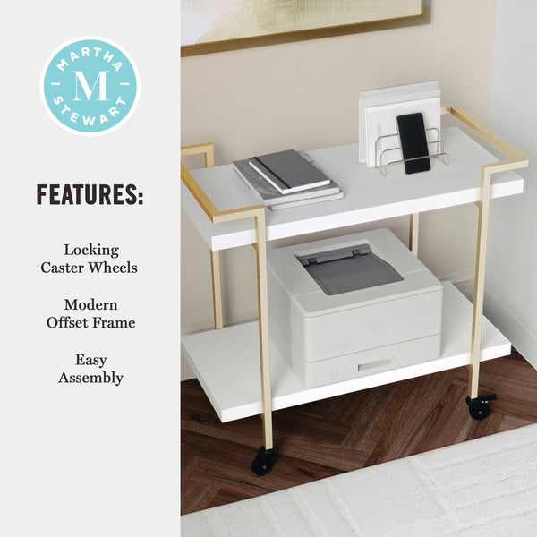 White/Polished Brass Frame |#| Mobile 2 Tier Home Office Printer Cart with Side Storage-White/Polished Brass