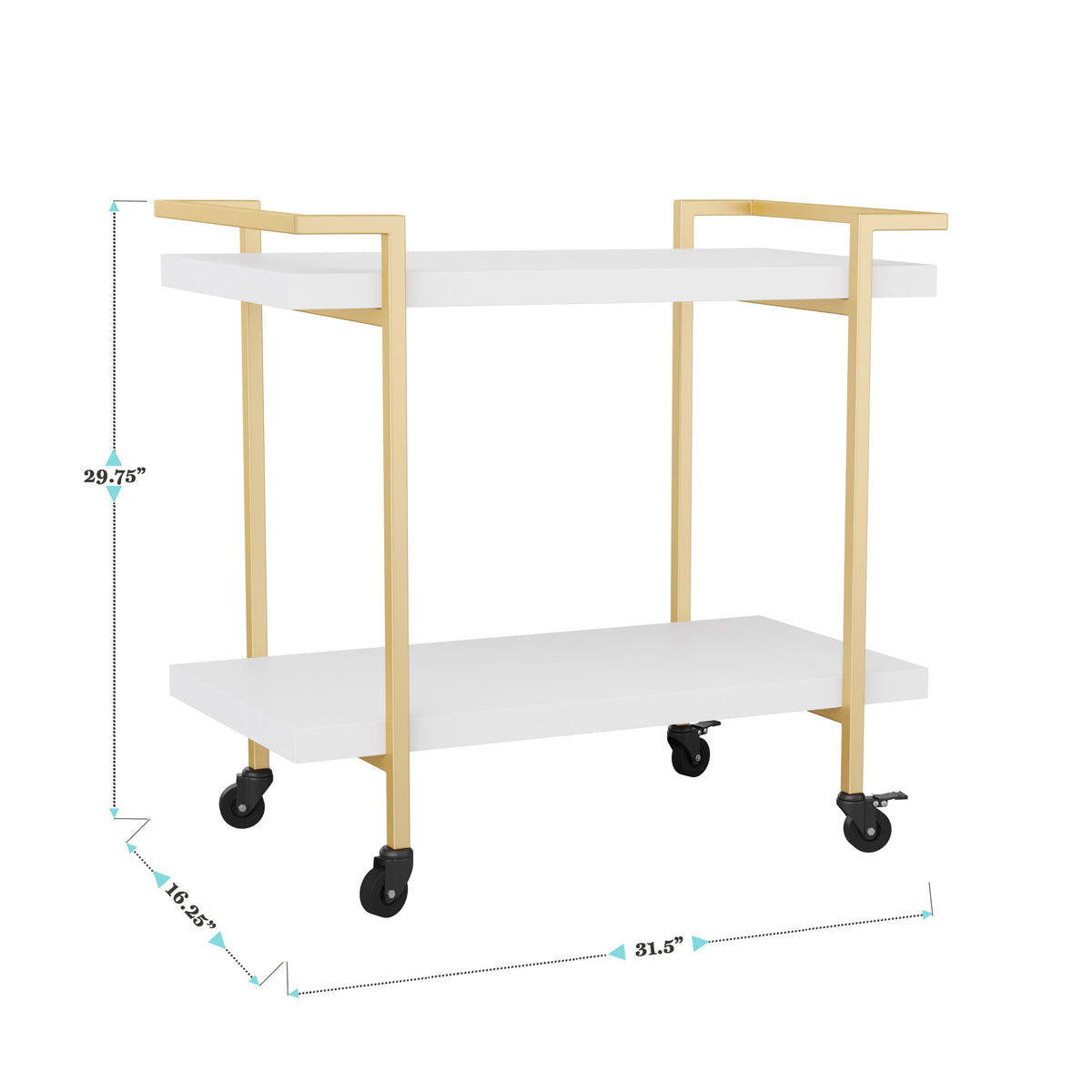 White/Polished Brass Frame |#| Mobile 2 Tier Home Office Printer Cart with Side Storage-White/Polished Brass