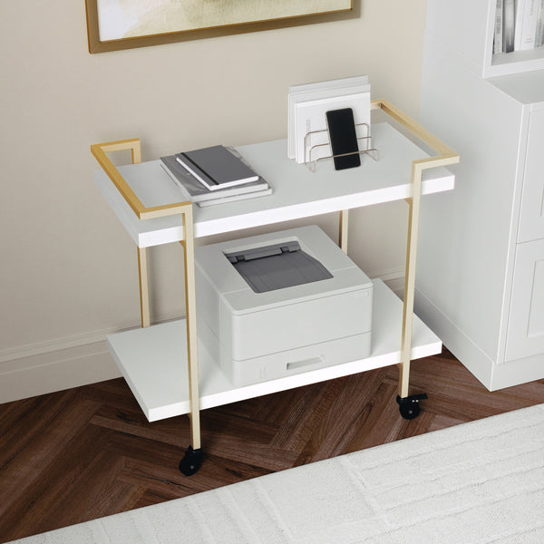 White/Polished Brass Frame |#| Mobile 2 Tier Home Office Printer Cart with Side Storage-White/Polished Brass