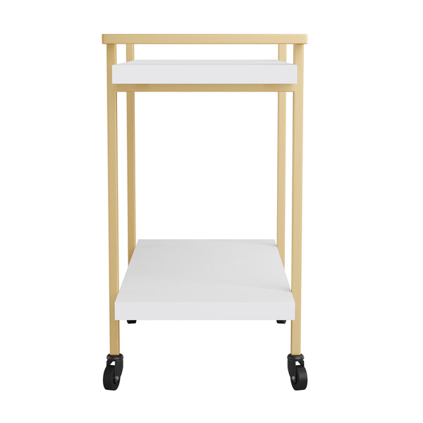 White/Polished Brass Frame |#| Mobile 2 Tier Home Office Printer Cart with Side Storage-White/Polished Brass