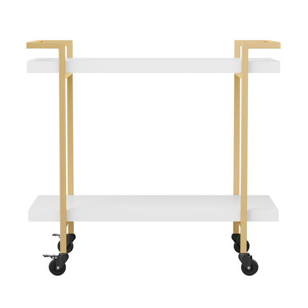 White/Polished Brass Frame |#| Mobile 2 Tier Home Office Printer Cart with Side Storage-White/Polished Brass