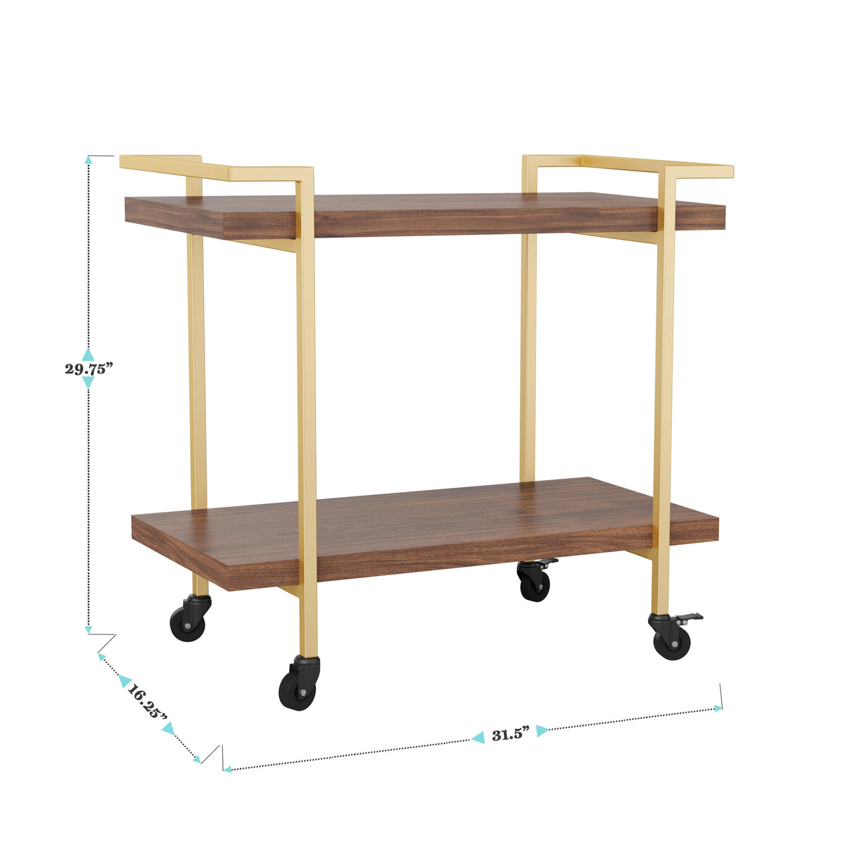 Walnut/Polished Brass Frame |#| Mobile 2 Tier Home Office Printer Cart with Side Storage-Walnut/Polished Brass