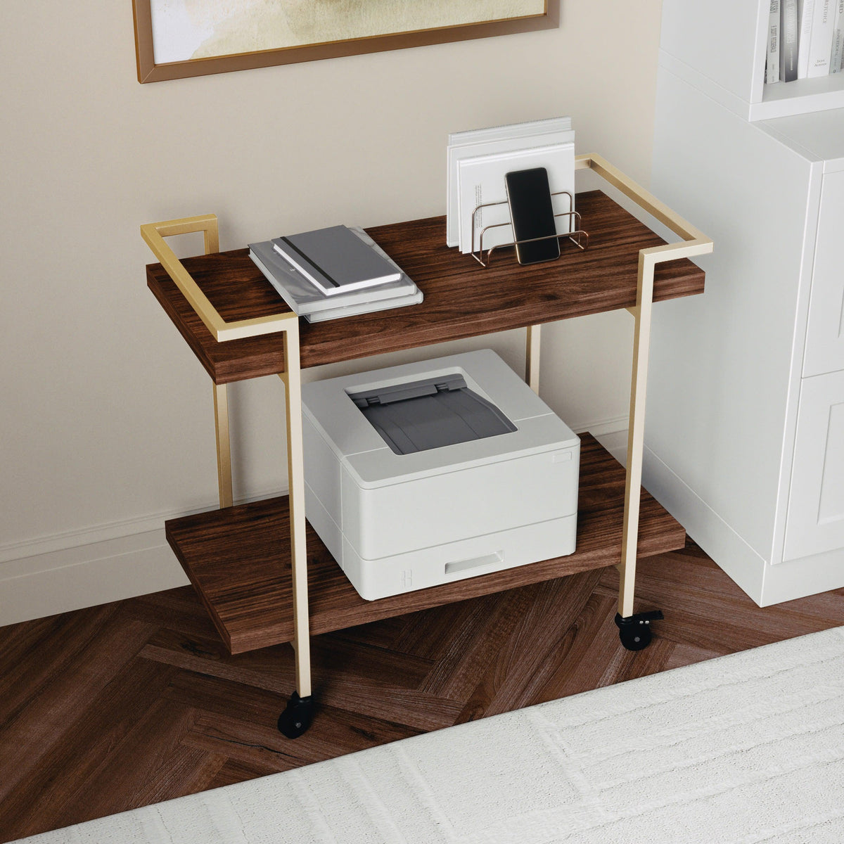 Walnut/Polished Brass Frame |#| Mobile 2 Tier Home Office Printer Cart with Side Storage-Walnut/Polished Brass