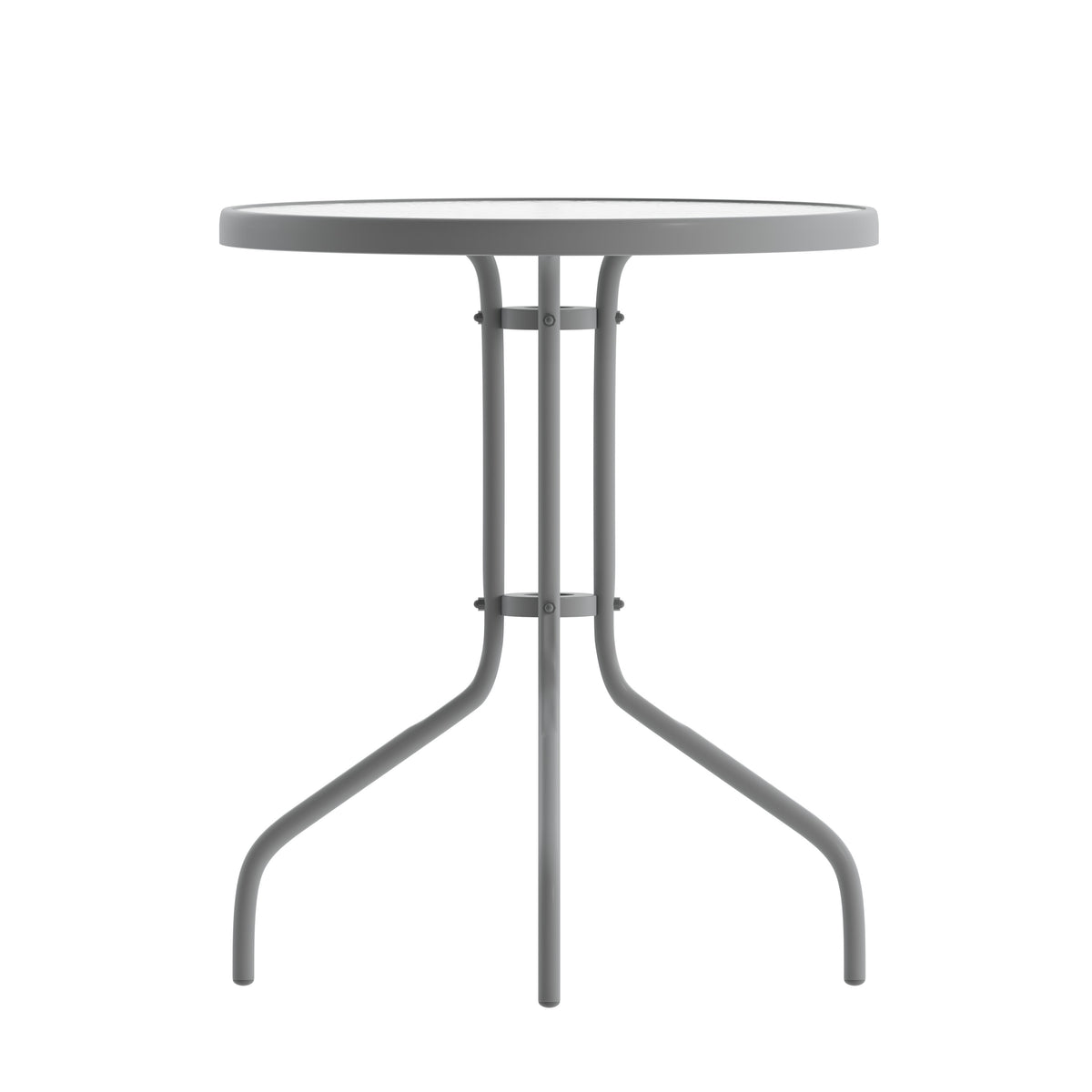 Silver |#| Modern 23.75inch Round Glass Framed Glass Table with 2 Silver Slat Back Chairs
