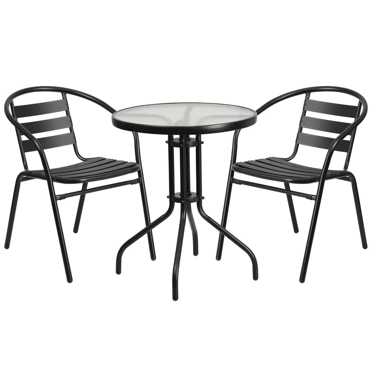 Black |#| 23.75inch Round Glass Metal Table with 2 Black Metal Aluminum Slat Stack Chairs