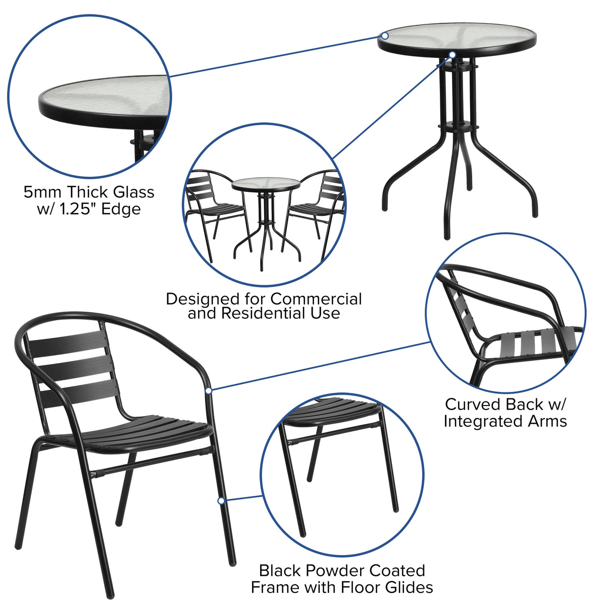 Black |#| 23.75inch Round Glass Metal Table with 2 Black Metal Aluminum Slat Stack Chairs