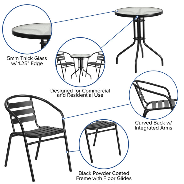 Black |#| 23.75inch Round Glass Metal Table with 2 Black Metal Aluminum Slat Stack Chairs