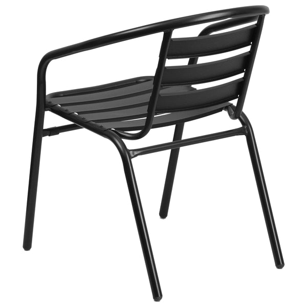 Black |#| 23.75inch Round Glass Metal Table with 2 Black Metal Aluminum Slat Stack Chairs