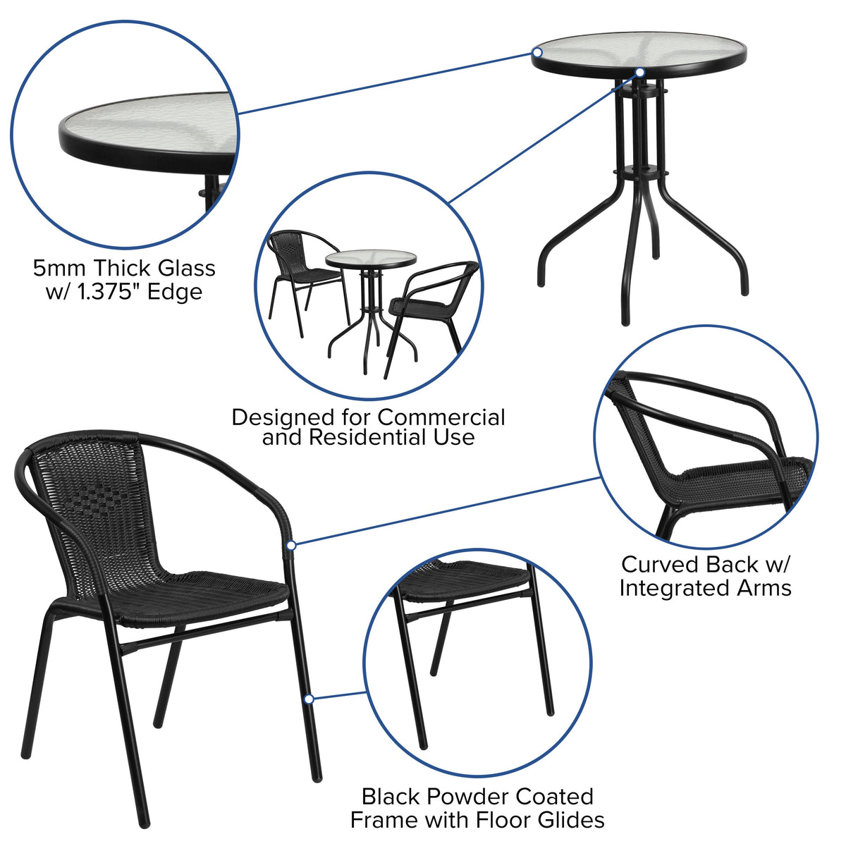23.75inch Round Glass Metal Table with 2 Black Rattan Stack Chairs