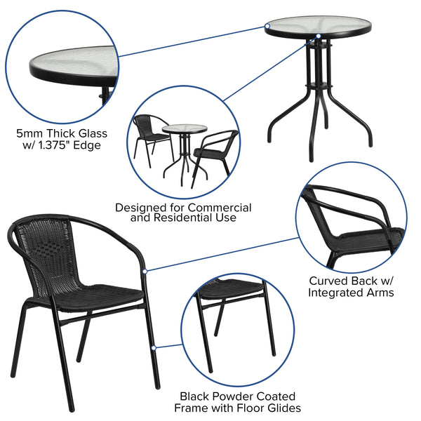 23.75inch Round Glass Metal Table with 2 Black Rattan Stack Chairs