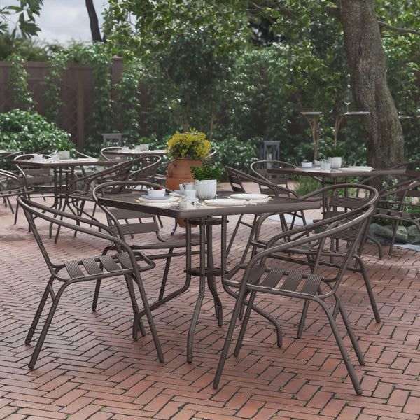 Bronze |#| Modern 31.5inch Square Glass Framed Glass Table with 4 Bronze Slat Back Chairs