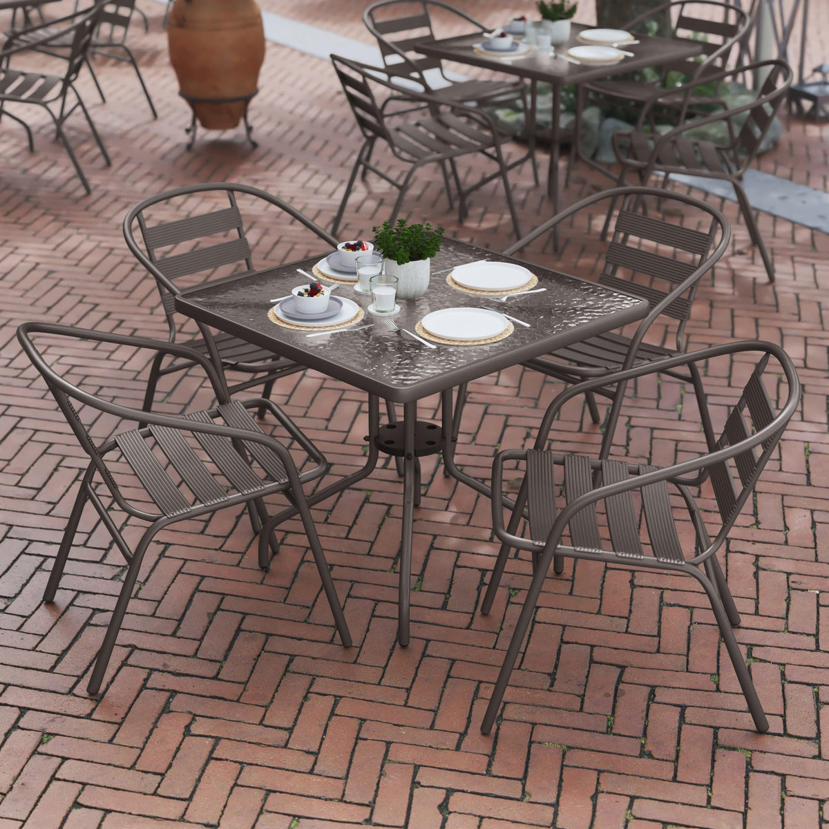 Bronze |#| Modern 31.5inch Square Glass Framed Glass Table with 4 Bronze Slat Back Chairs