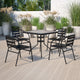 Black |#| 31.5inch Square Glass Metal Table with 4 Black Metal Aluminum Slat Stack Chairs