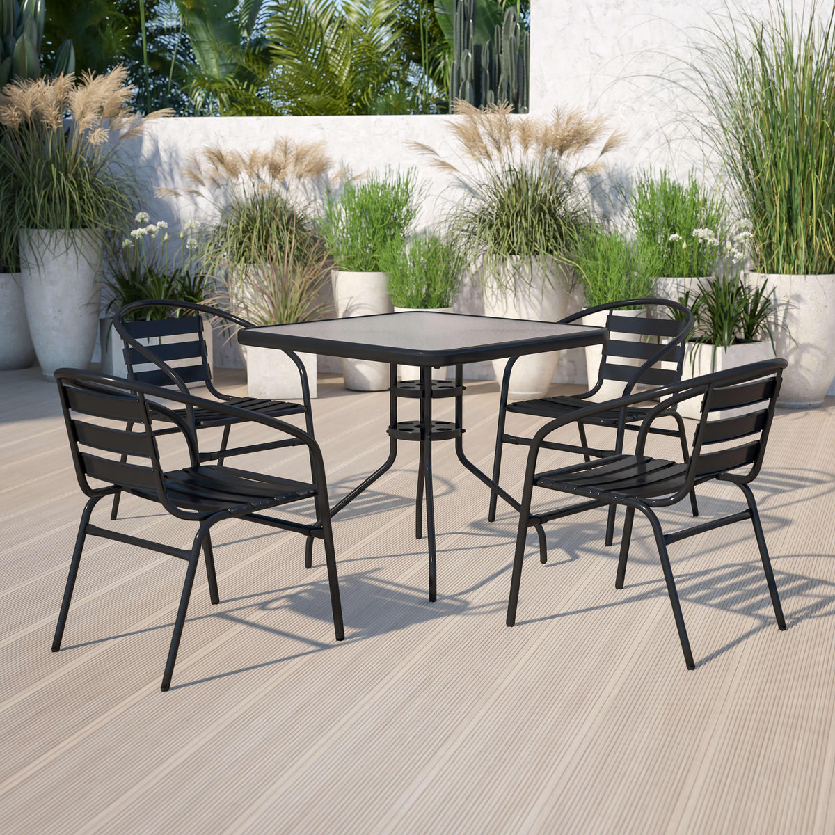 Black |#| 31.5inch Square Glass Metal Table with 4 Black Metal Aluminum Slat Stack Chairs