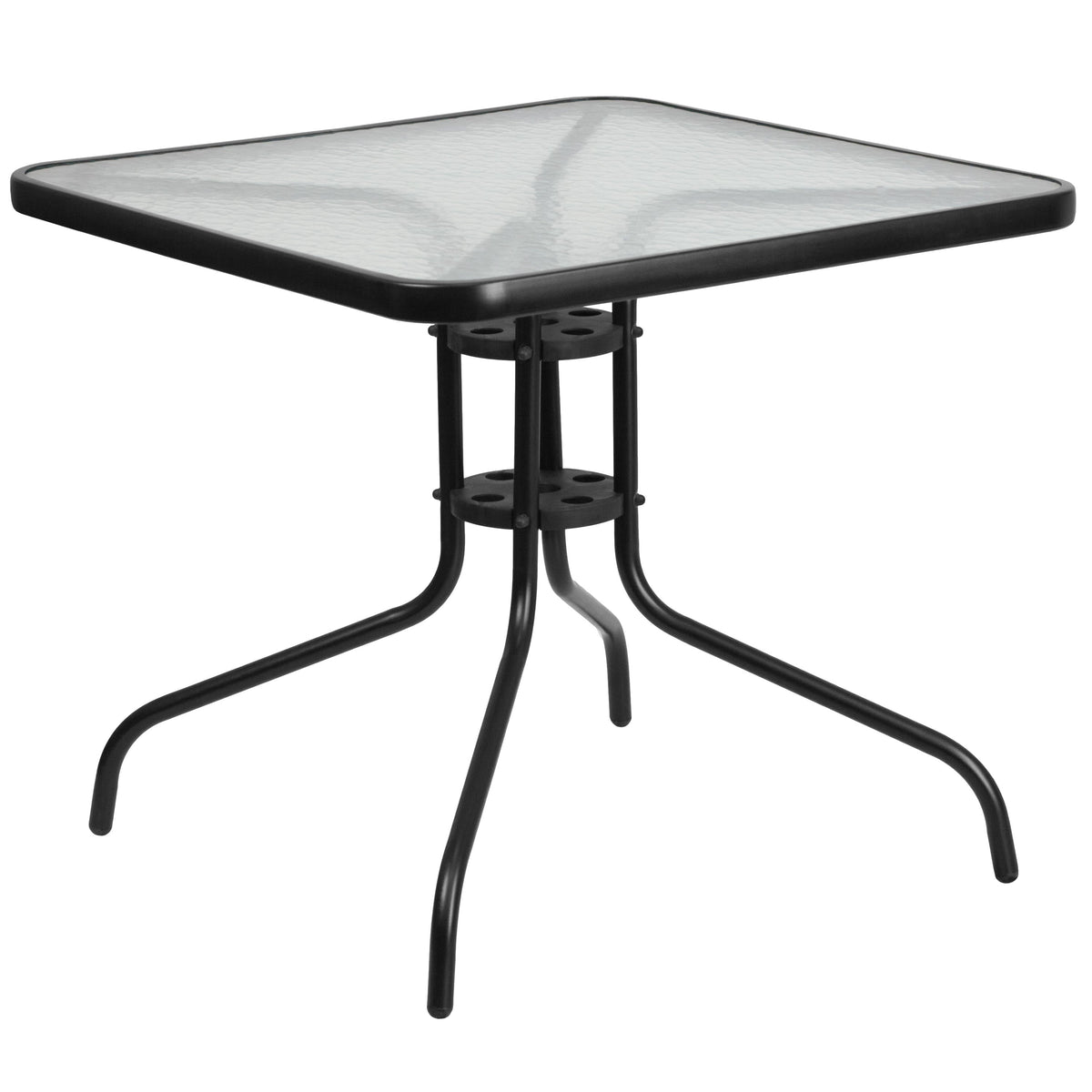 Black |#| 31.5inch Square Glass Metal Table with 4 Black Metal Aluminum Slat Stack Chairs