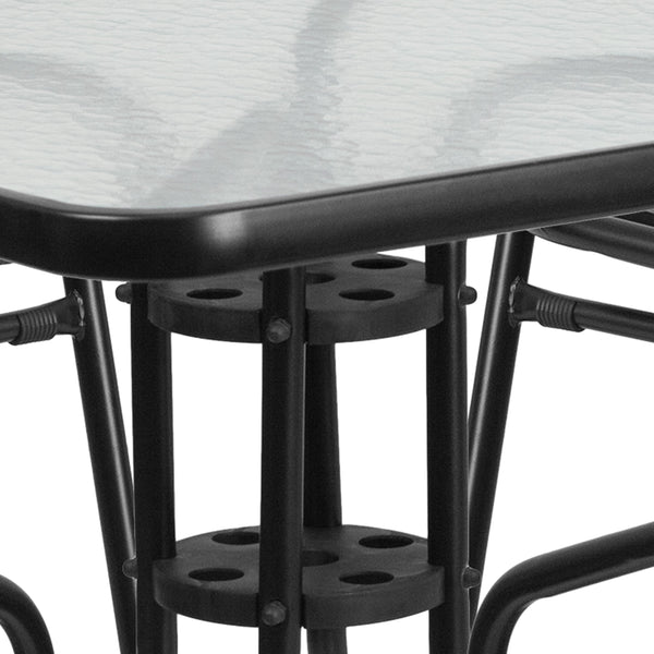 Black |#| 31.5inch Square Glass Metal Table with 4 Black Metal Aluminum Slat Stack Chairs