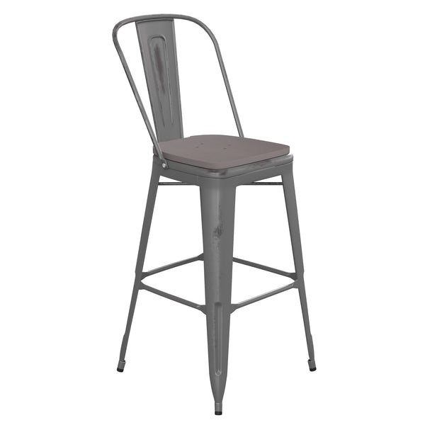 Gray Seat/Clear Coated Frame |#| Indoor Bar Height Stool with Poly Resin Colorful Seat - Clear Coated/Gray