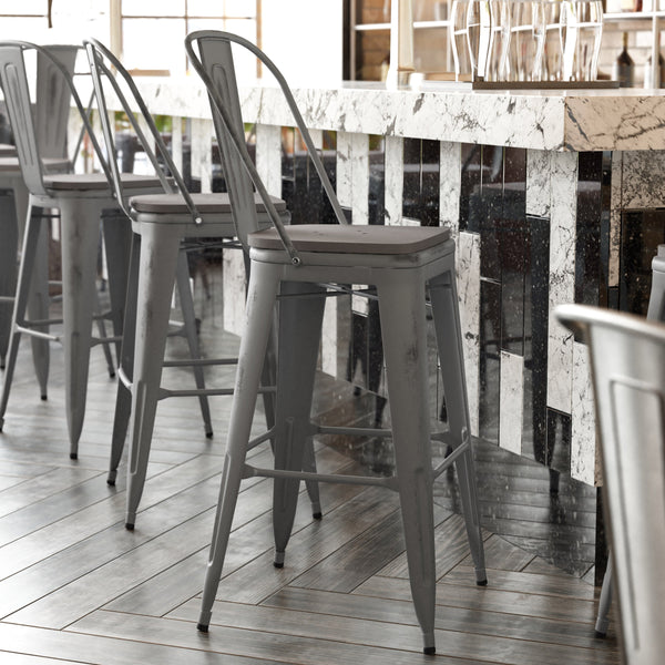 Gray Seat/Clear Coated Frame |#| Indoor Bar Height Stool with Poly Resin Colorful Seat - Clear Coated/Gray