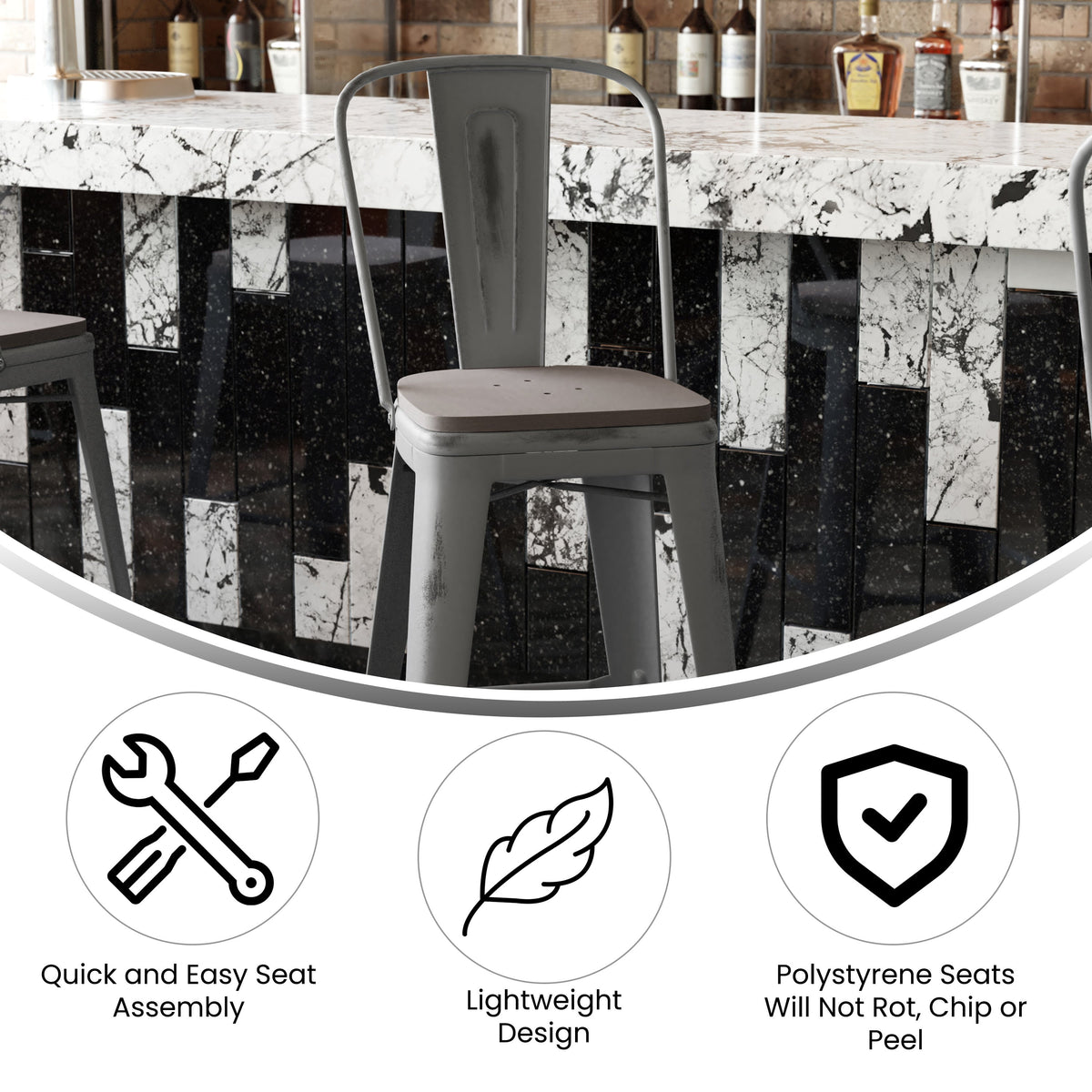 Gray Seat/Clear Coated Frame |#| Indoor Bar Height Stool with Poly Resin Colorful Seat - Clear Coated/Gray