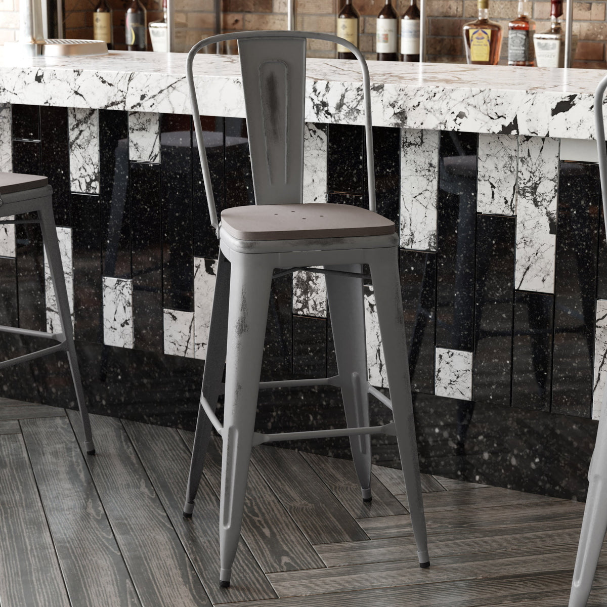 Gray Seat/Clear Coated Frame |#| Indoor Bar Height Stool with Poly Resin Colorful Seat - Clear Coated/Gray