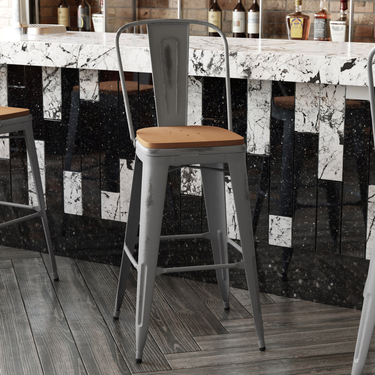 Teak Seat/Clear Coated Frame |#| Indoor Bar Height Stool with Poly Resin Colorful Seat - Clear Coated/Teak