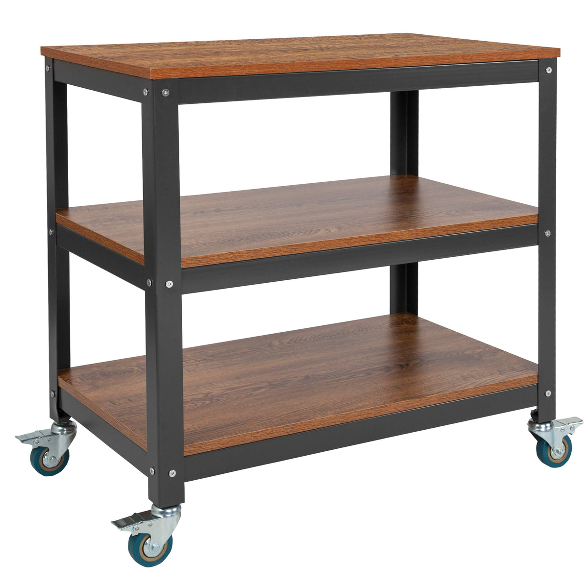 30inchW Rolling Storage Cart with Metal Wheels in Brown Oak Wood Grain Finish