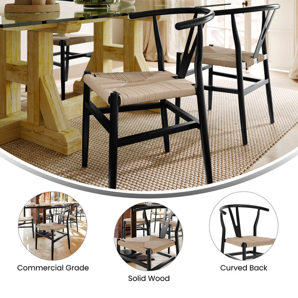 Black Frame/Natural Seat |#| Commercial Wishbone Style Wood and Kraft Paper Stack Dining Chair-Black/Natural