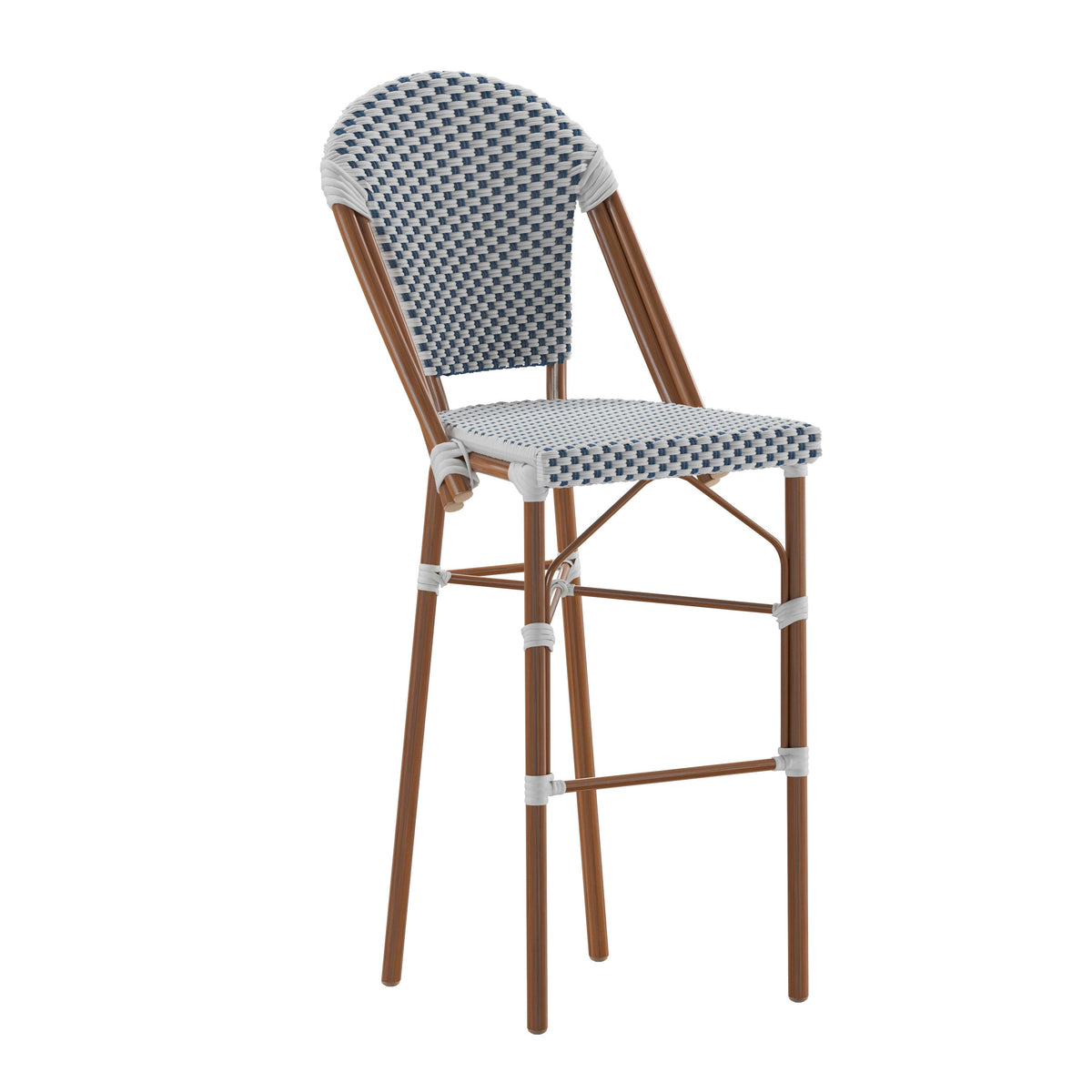 White & Navy/Natural Frame |#| All-Weather Commercial Paris Chair with Bamboo Print Metal Frame-White/Navy