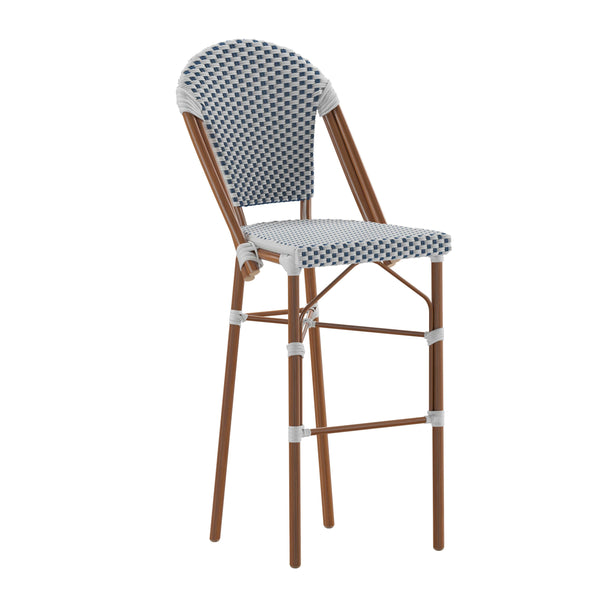 White & Navy/Natural Frame |#| All-Weather Commercial Paris Chair with Bamboo Print Metal Frame-White/Navy