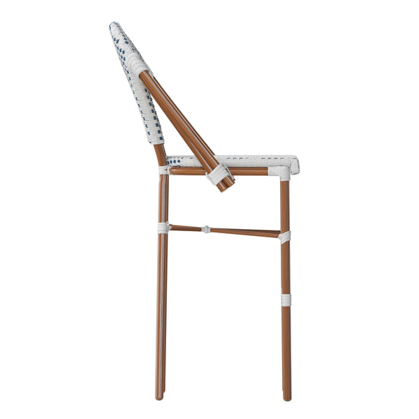 White & Navy/Natural Frame |#| All-Weather Commercial Paris Chair with Bamboo Print Metal Frame-White/Navy