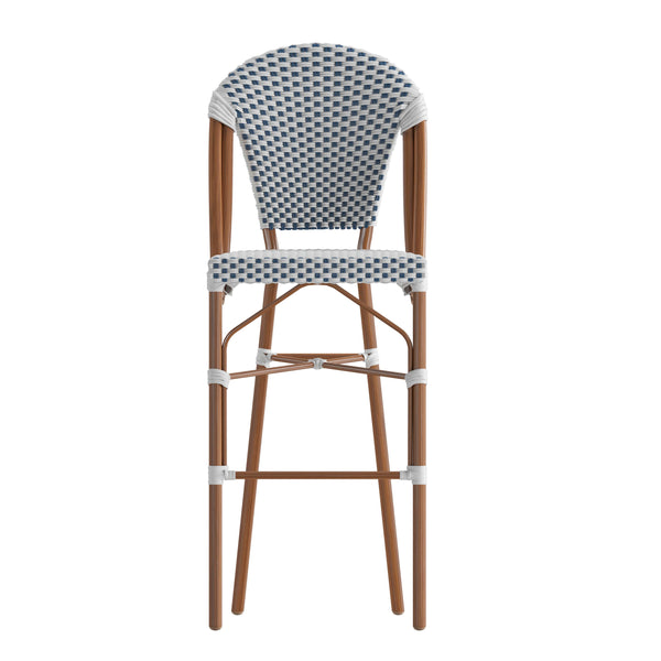 White & Navy/Natural Frame |#| All-Weather Commercial Paris Chair with Bamboo Print Metal Frame-White/Navy