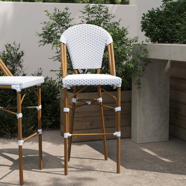 White & Gray/Natural Frame |#| All-Weather Commercial Paris 30" Stool with Bamboo Print Metal Frame-White/Gray