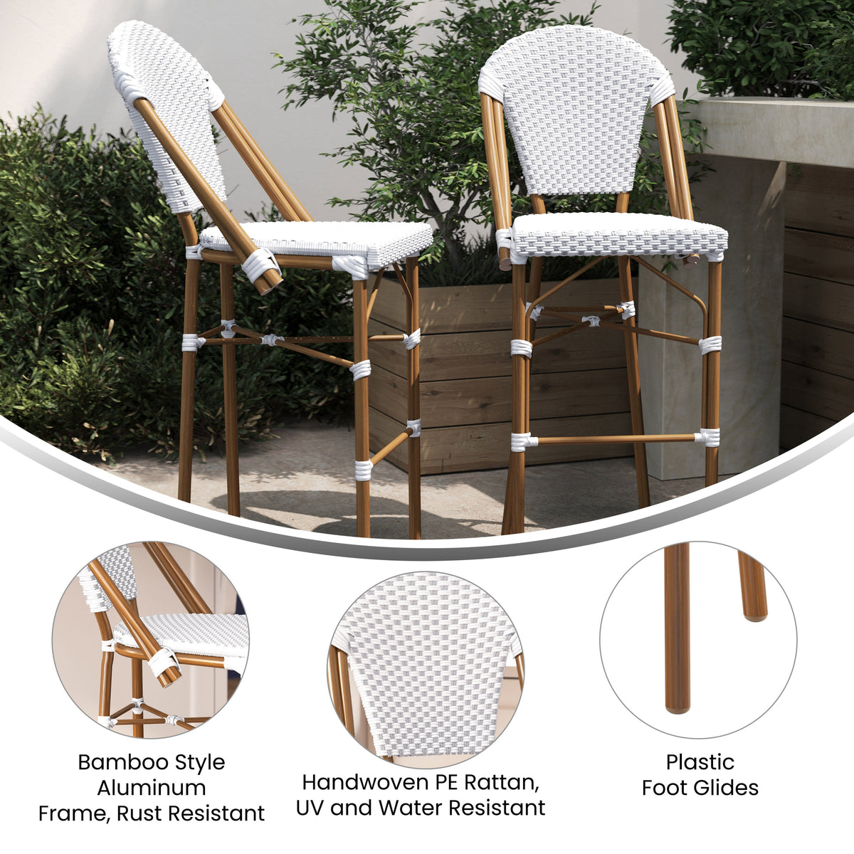 White & Gray/Natural Frame |#| All-Weather Commercial Paris 30" Stool with Bamboo Print Metal Frame-White/Gray