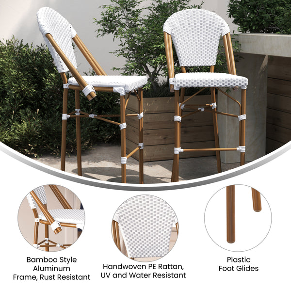 White & Gray/Natural Frame |#| All-Weather Commercial Paris 30" Stool with Bamboo Print Metal Frame-White/Gray