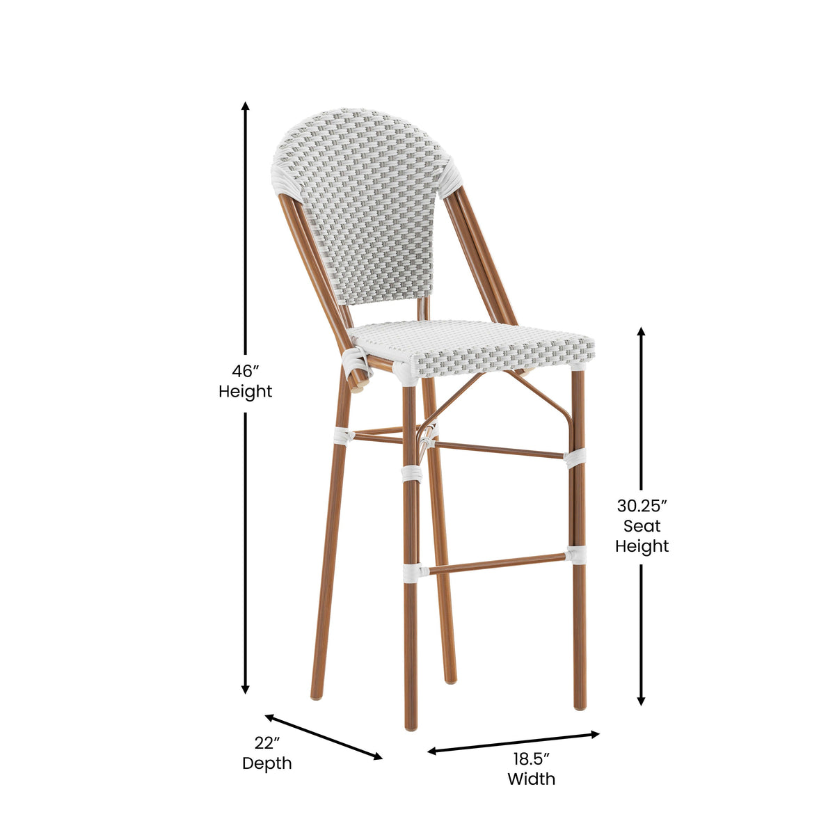 White & Gray/Natural Frame |#| All-Weather Commercial Paris 30" Stool with Bamboo Print Metal Frame-White/Gray
