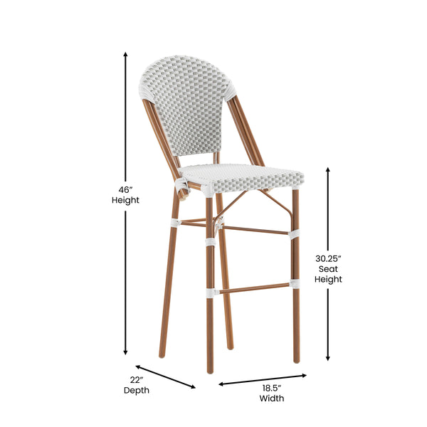 White & Gray/Natural Frame |#| All-Weather Commercial Paris 30" Stool with Bamboo Print Metal Frame-White/Gray