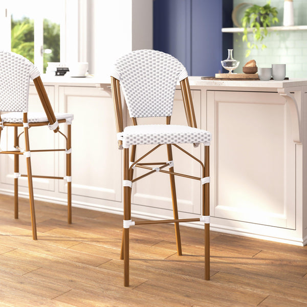 White & Gray/Natural Frame |#| All-Weather Commercial Paris 30" Stool with Bamboo Print Metal Frame-White/Gray