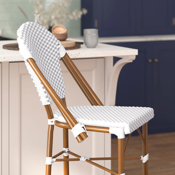 White & Gray/Natural Frame |#| All-Weather Commercial Paris 30" Stool with Bamboo Print Metal Frame-White/Gray
