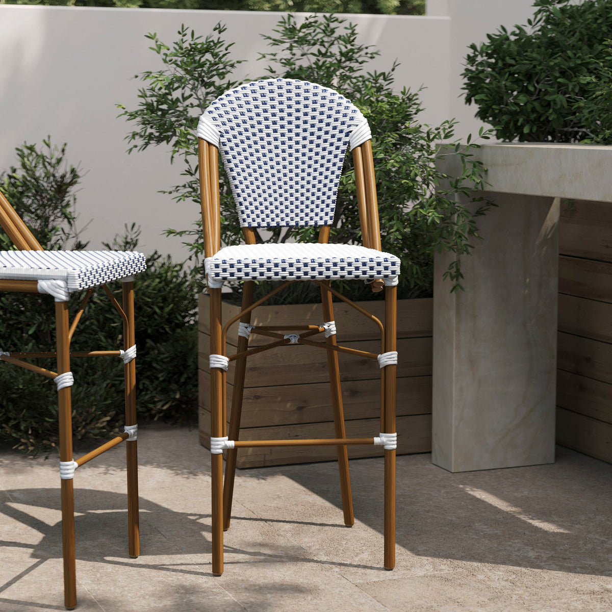 White & Navy/Natural Frame |#| All-Weather Commercial Paris Chair with Bamboo Print Metal Frame-White/Navy