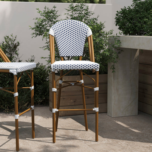 White & Navy/Natural Frame |#| All-Weather Commercial Paris Chair with Bamboo Print Metal Frame-White/Navy