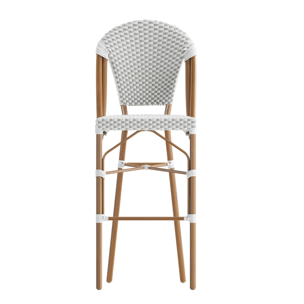 White & Gray/Natural Frame |#| All-Weather Commercial Paris 30" Stool with Bamboo Print Metal Frame-White/Gray