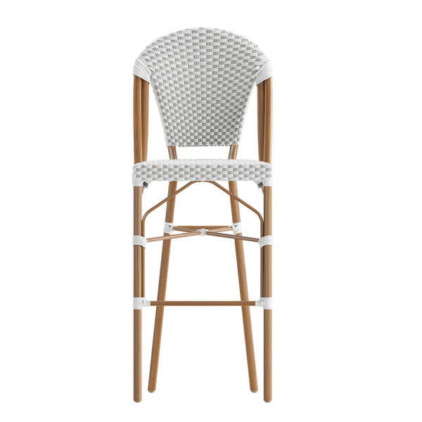 White & Gray/Natural Frame |#| All-Weather Commercial Paris 30" Stool with Bamboo Print Metal Frame-White/Gray
