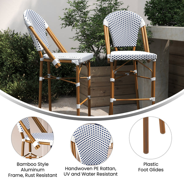 White & Navy/Natural Frame |#| All-Weather Commercial Paris Chair with Bamboo Print Metal Frame-White/Navy