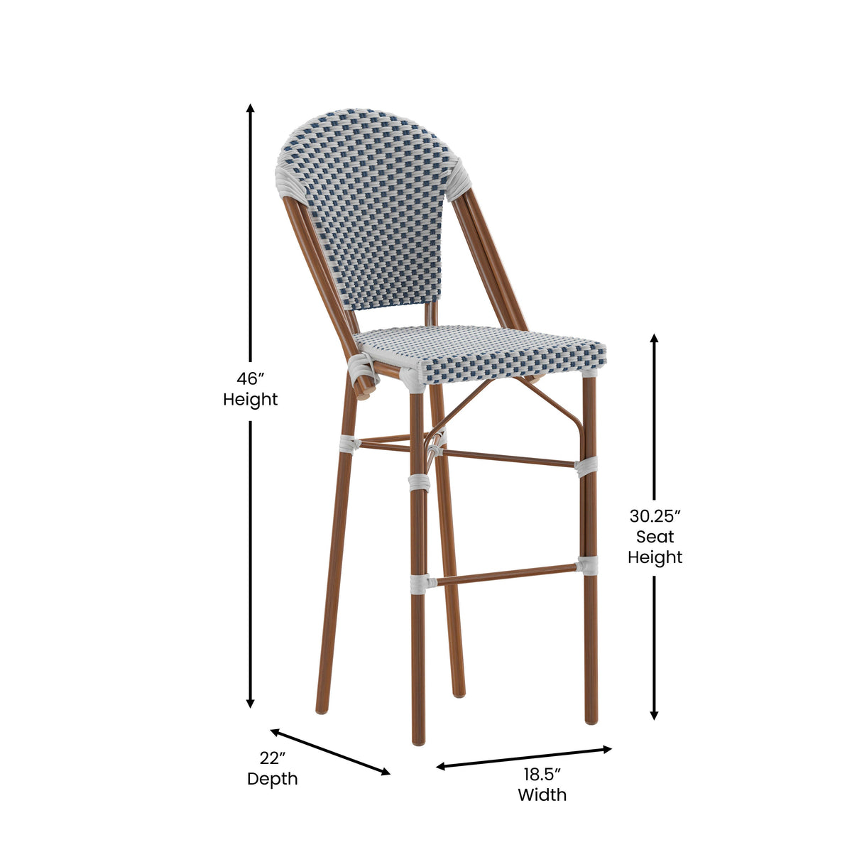 White & Navy/Natural Frame |#| All-Weather Commercial Paris Chair with Bamboo Print Metal Frame-White/Navy