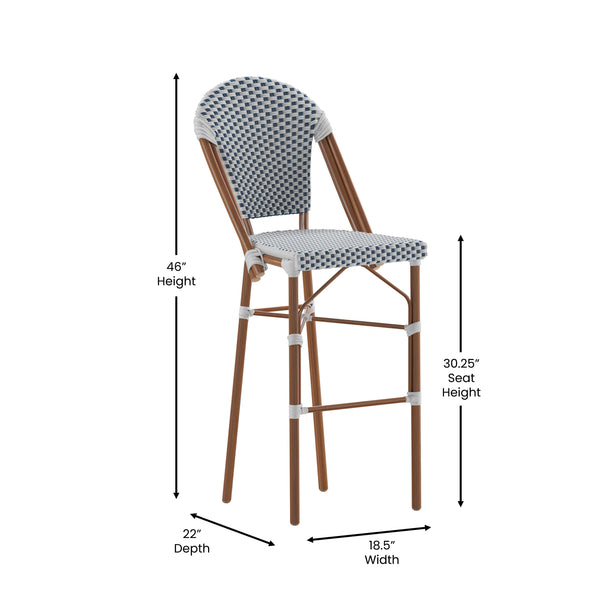 White & Navy/Natural Frame |#| All-Weather Commercial Paris Chair with Bamboo Print Metal Frame-White/Navy