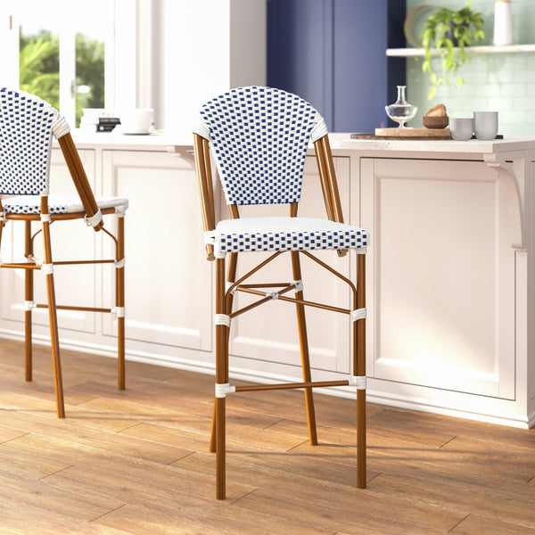White & Navy/Natural Frame |#| All-Weather Commercial Paris Chair with Bamboo Print Metal Frame-White/Navy