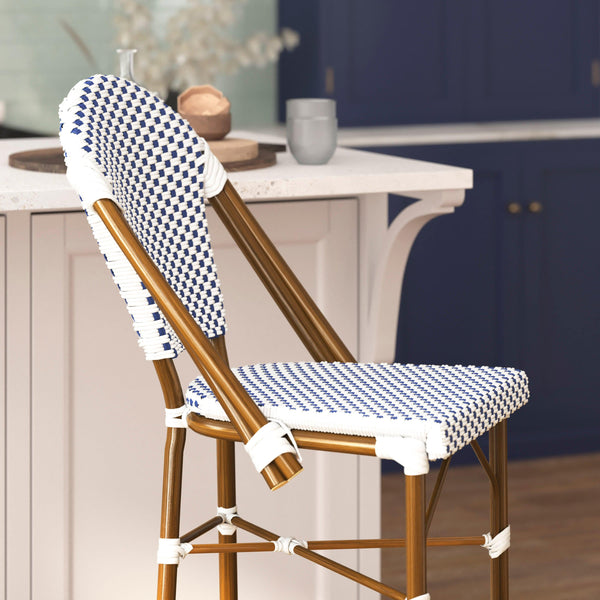White & Navy/Natural Frame |#| All-Weather Commercial Paris Chair with Bamboo Print Metal Frame-White/Navy