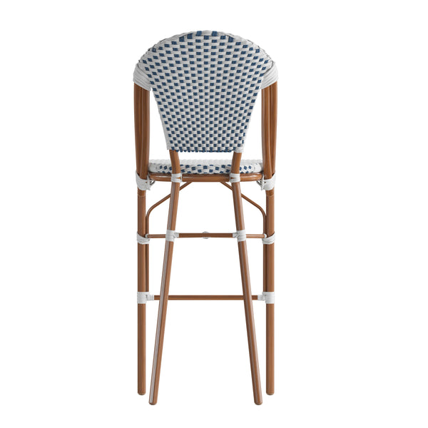 White & Navy/Natural Frame |#| All-Weather Commercial Paris Chair with Bamboo Print Metal Frame-White/Navy